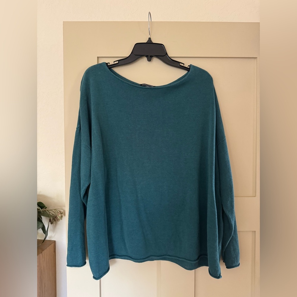 Eileen Fisher XL Organic Cotton Linen Blue Rolled Hem Sweater